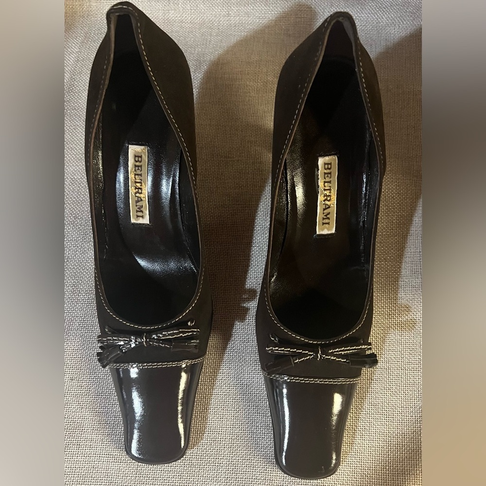 Elegant Brown Suede with Patent Leather tip Heels by Beltrami